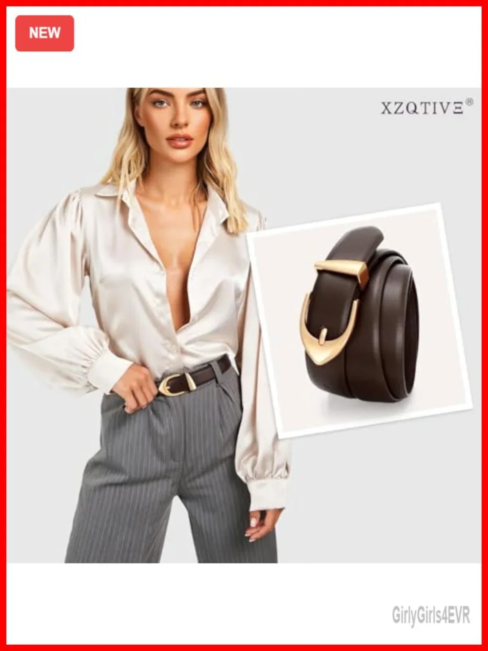 Genuine Leather Belt with Gold Buckle for Women, Minimalist Design